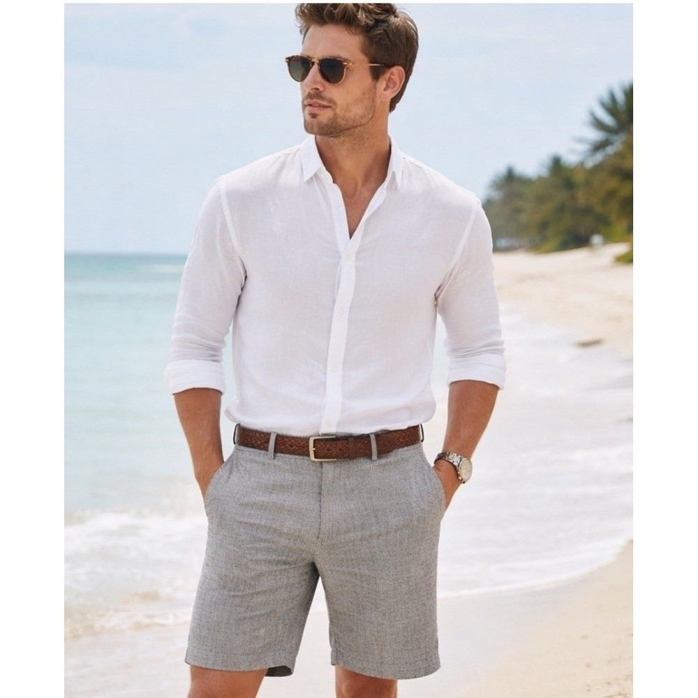 Banana Republic Aiden Shorts Mens 42 Gray Linen Cotton Flat Front Casual Summer
